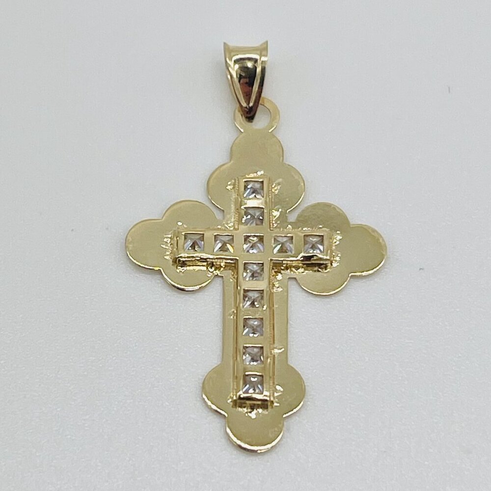 Solid 14K Yellow Gold Cross Pendant with CZ (Cubic Zirconia) - Two-sided Design
